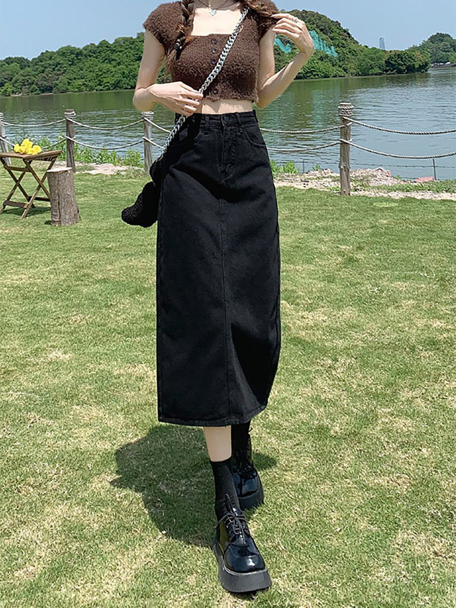 High Waist Slit Denim Skirt for Women Spring and AutumnaWord Skirt Black Sheath Long Dress