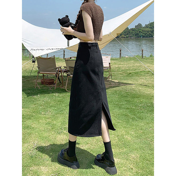 High Waist Slit Denim Skirt for Women Spring and AutumnaWord Skirt Black Sheath Long Dress