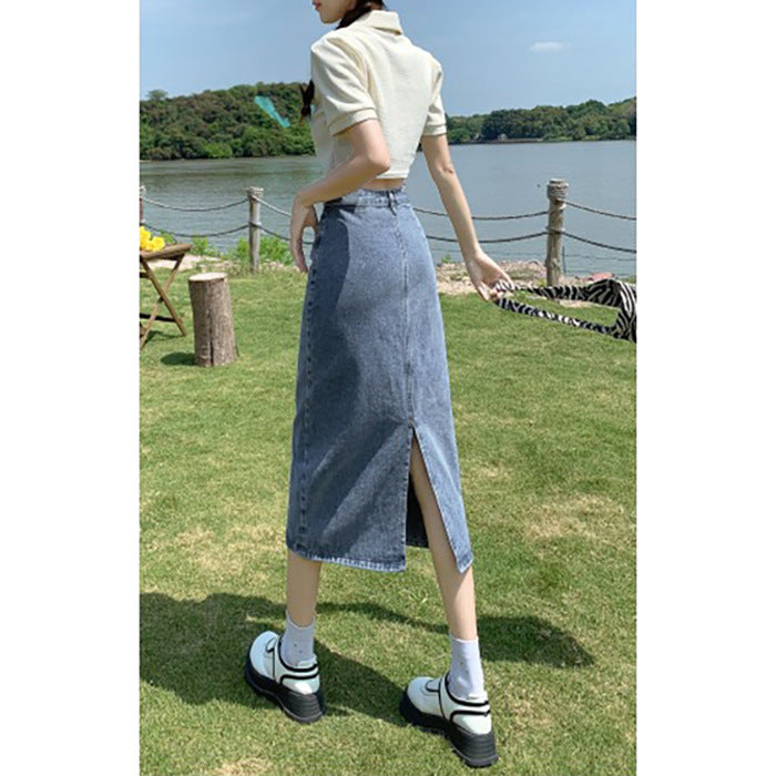 High Waist Slit Denim Skirt for Women Spring and AutumnaWord Skirt Black Sheath Long Dress